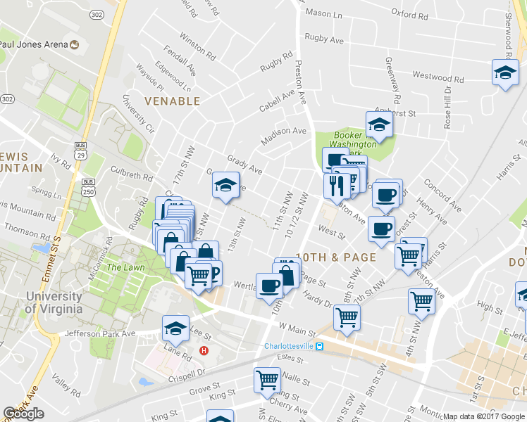 map of restaurants, bars, coffee shops, grocery stores, and more near 346 12th Street Northwest in Charlottesville