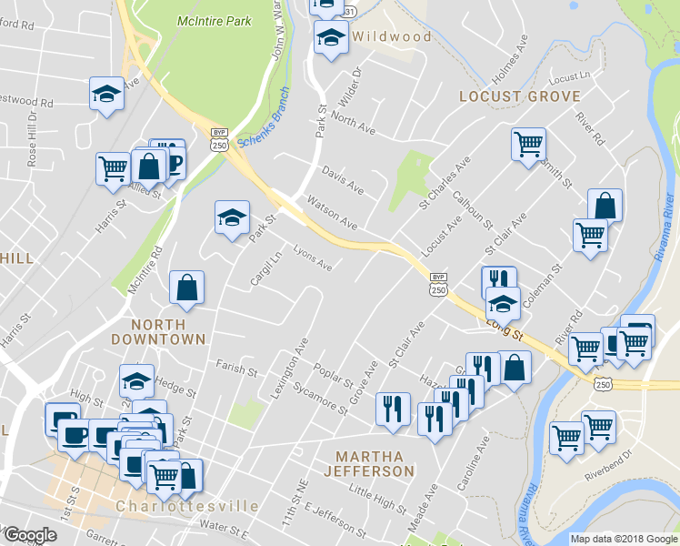 map of restaurants, bars, coffee shops, grocery stores, and more near 732 Lyons Avenue in Charlottesville