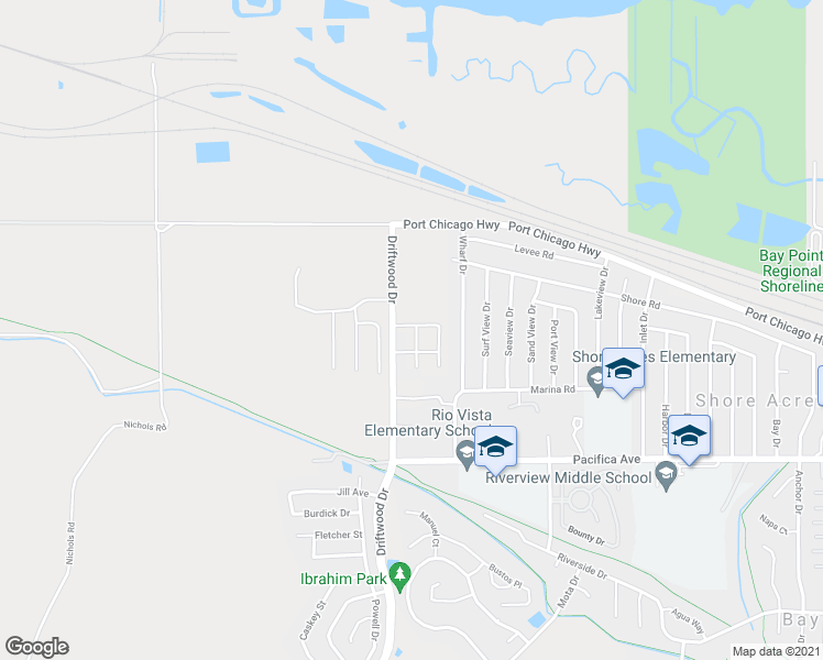 map of restaurants, bars, coffee shops, grocery stores, and more near 85 Driftwood Circle in Bay Point