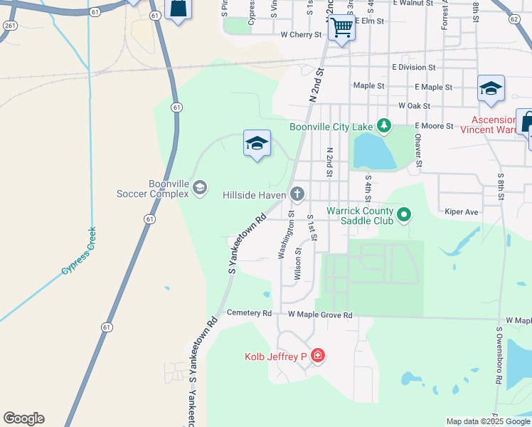 map of restaurants, bars, coffee shops, grocery stores, and more near 555 North Yankeetown Road in Boonville