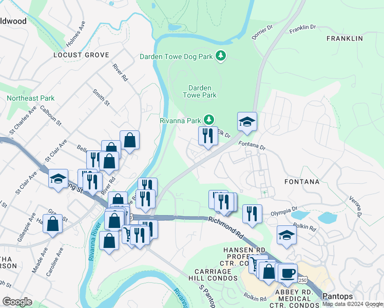 map of restaurants, bars, coffee shops, grocery stores, and more near 514 Trailside Drive in Charlottesville