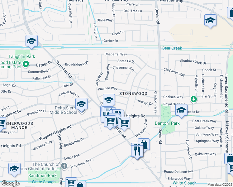 map of restaurants, bars, coffee shops, grocery stores, and more near 1956 Pawnee Way in Stockton