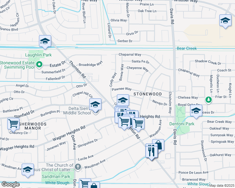 map of restaurants, bars, coffee shops, grocery stores, and more near 2038 Pawnee Way in Stockton
