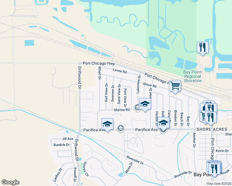 map of restaurants, bars, coffee shops, grocery stores, and more near 20 Seaview Drive in Bay Point