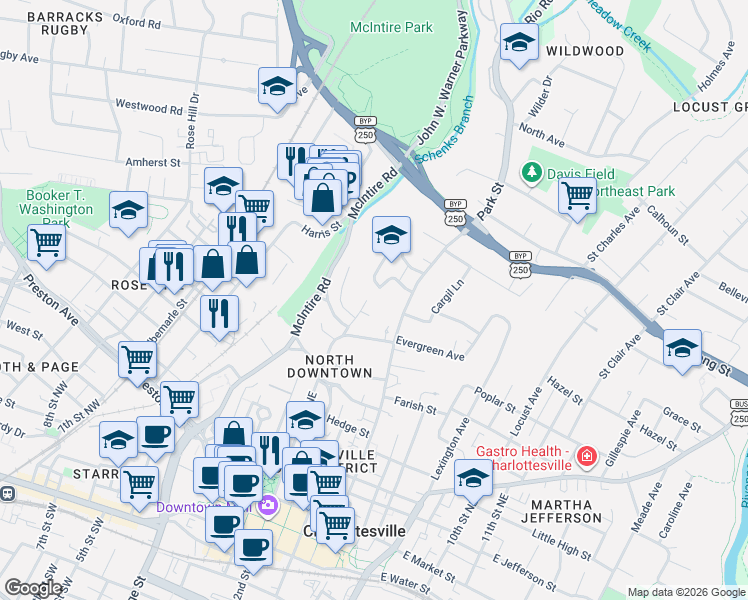 map of restaurants, bars, coffee shops, grocery stores, and more near 735 Park Street in Charlottesville