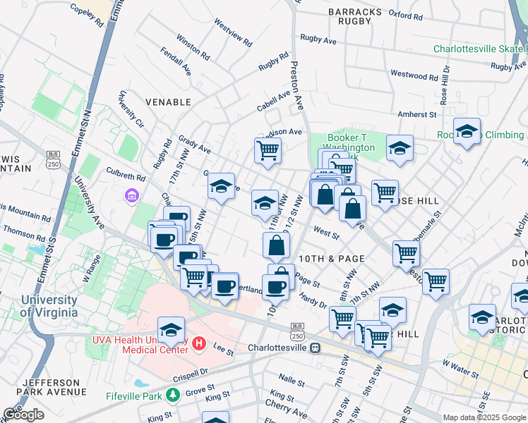 map of restaurants, bars, coffee shops, grocery stores, and more near 1200 Gordon Avenue in Charlottesville