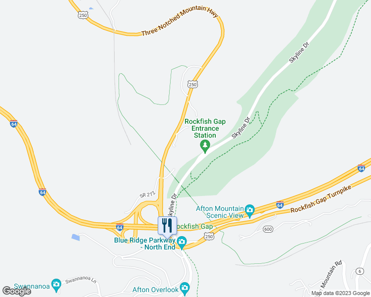 map of restaurants, bars, coffee shops, grocery stores, and more near 47 Redwood Lodge Lane in Waynesboro