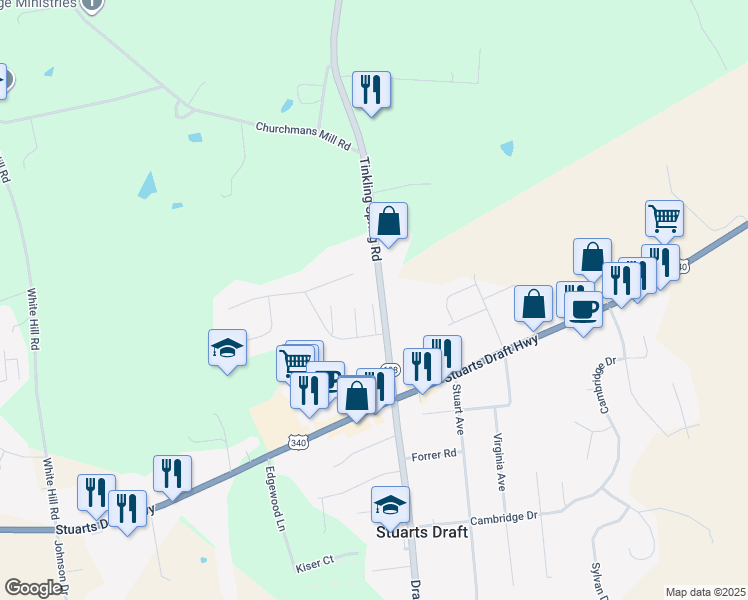 map of restaurants, bars, coffee shops, grocery stores, and more near 2516 Tinkling Spring Road in Stuarts Draft