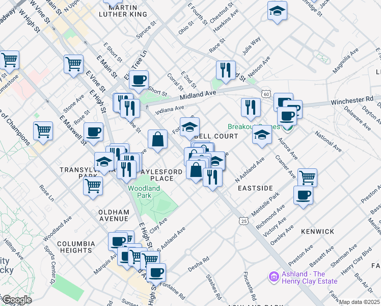 map of restaurants, bars, coffee shops, grocery stores, and more near 531 East Main Street in Lexington