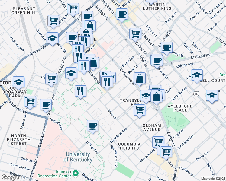 map of restaurants, bars, coffee shops, grocery stores, and more near 379 Rose Street in Lexington