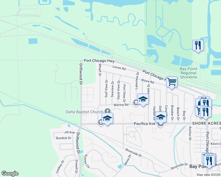 map of restaurants, bars, coffee shops, grocery stores, and more near 31 Seaview Drive in Bay Point