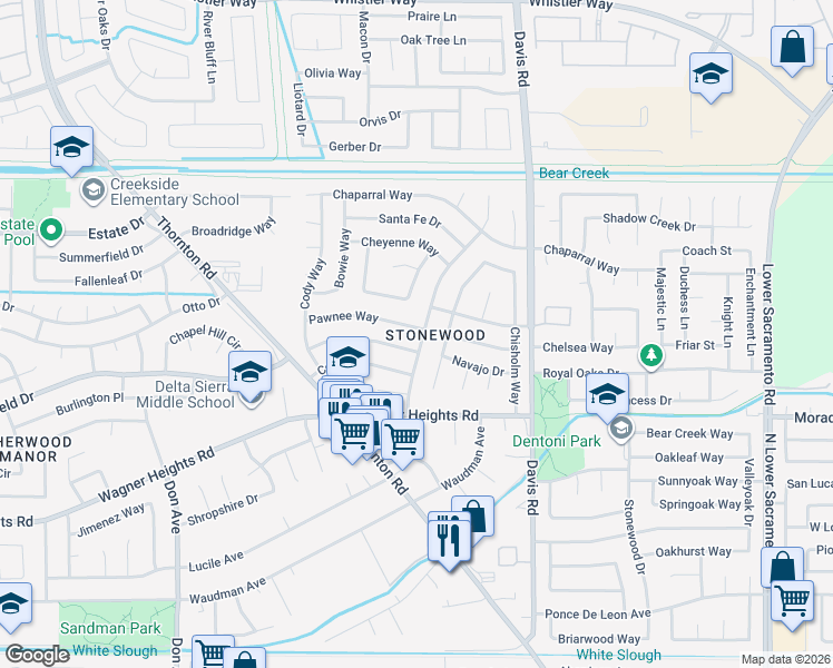 map of restaurants, bars, coffee shops, grocery stores, and more near 1906 Pawnee Way in Stockton