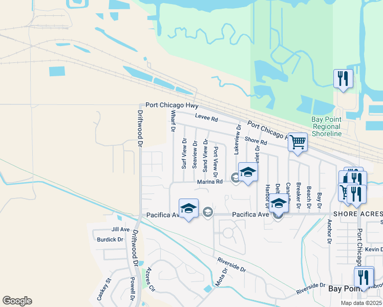 map of restaurants, bars, coffee shops, grocery stores, and more near 31 Seaview Drive in Bay Point