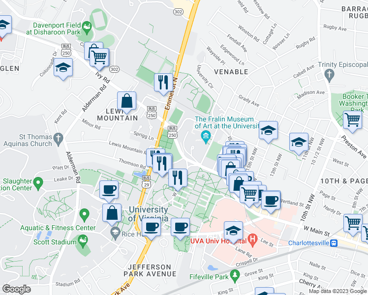 map of restaurants, bars, coffee shops, grocery stores, and more near 1910 Carrs Hill Road in Charlottesville