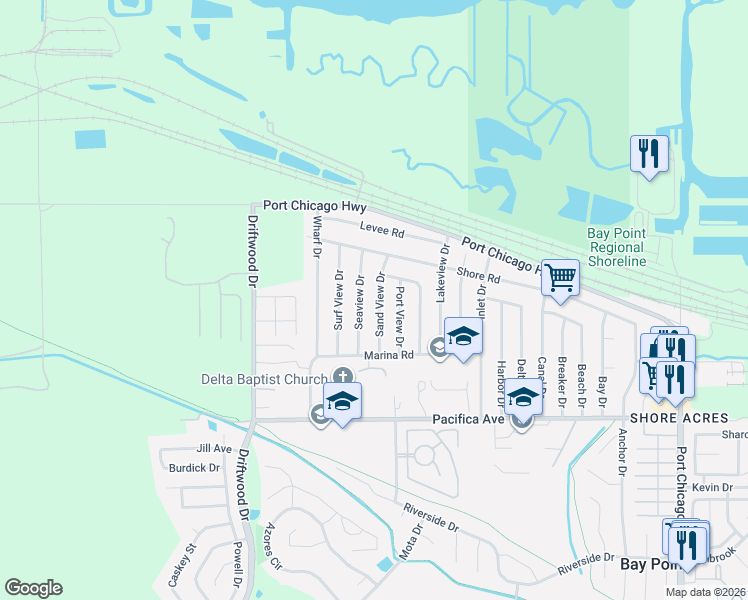 map of restaurants, bars, coffee shops, grocery stores, and more near 29 Sand View Drive in Bay Point