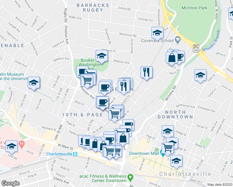 map of restaurants, bars, coffee shops, grocery stores, and more near 809 Forest Street in Charlottesville