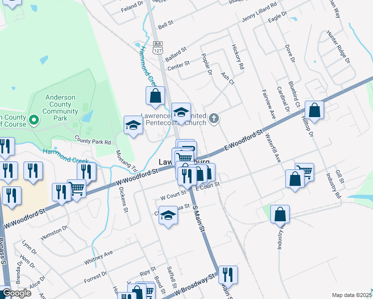 map of restaurants, bars, coffee shops, grocery stores, and more near 105 Posey Street in Lawrenceburg