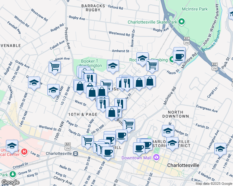 map of restaurants, bars, coffee shops, grocery stores, and more near 809 Forest Street in Charlottesville