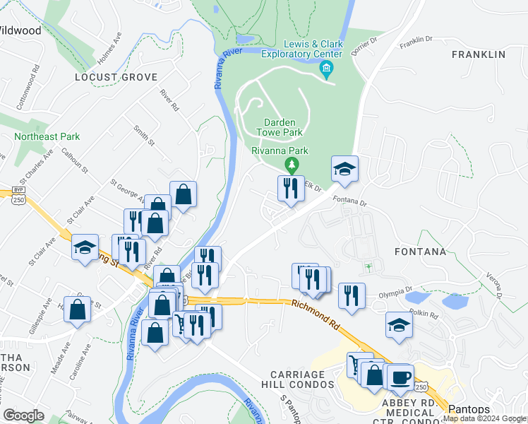 map of restaurants, bars, coffee shops, grocery stores, and more near 528 Trailside Drive in Charlottesville