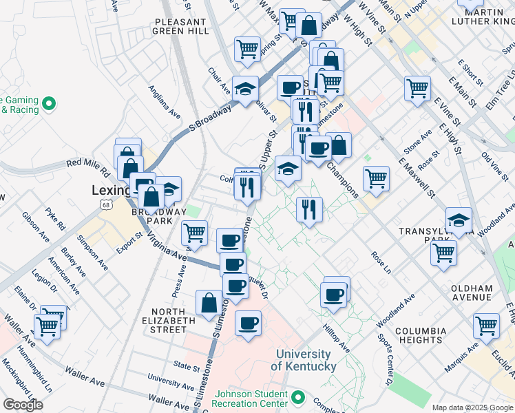 map of restaurants, bars, coffee shops, grocery stores, and more near 550 South Limestone in Lexington