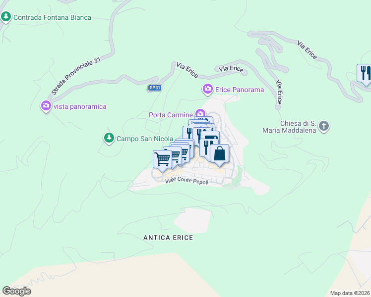 map of restaurants, bars, coffee shops, grocery stores, and more near 27 Via Luigi Rabatà in Erice