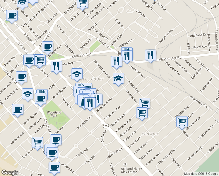 map of restaurants, bars, coffee shops, grocery stores, and more near 176 Walton Avenue in Lexington