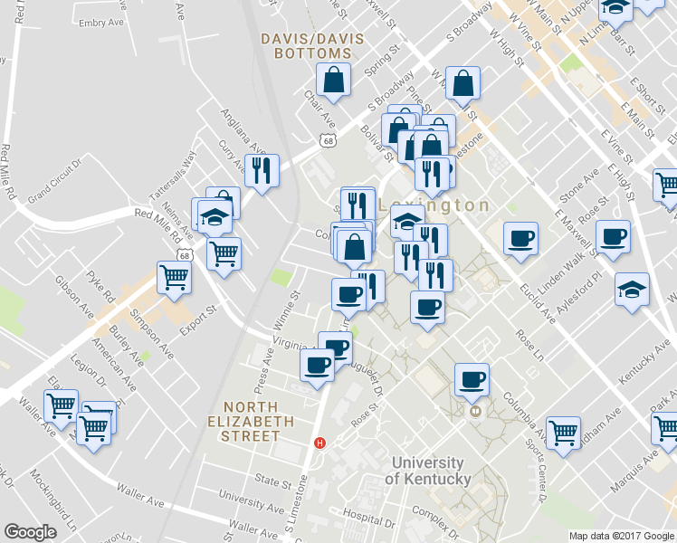 map of restaurants, bars, coffee shops, grocery stores, and more near 138 Montmullin Street in Lexington