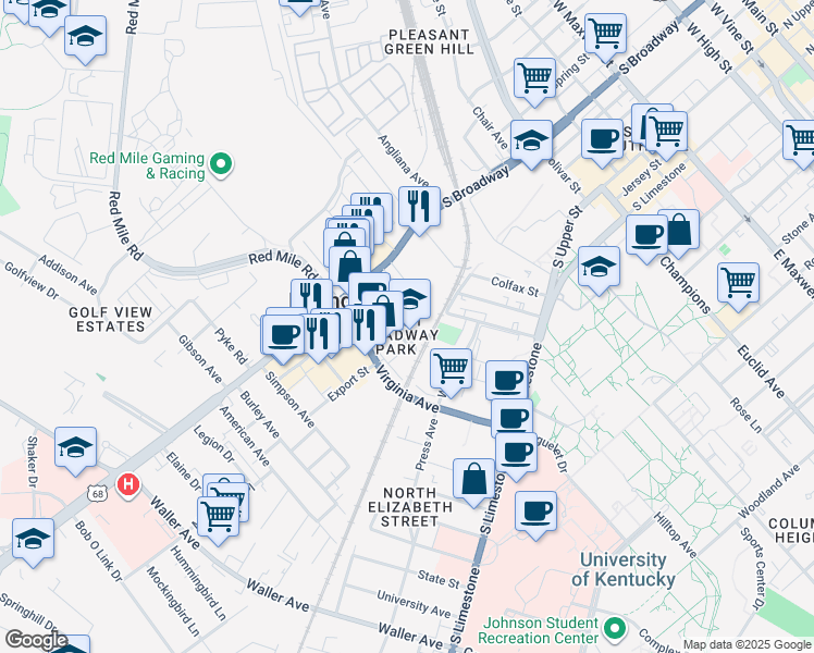 map of restaurants, bars, coffee shops, grocery stores, and more near 349 South Broadway Park in Lexington
