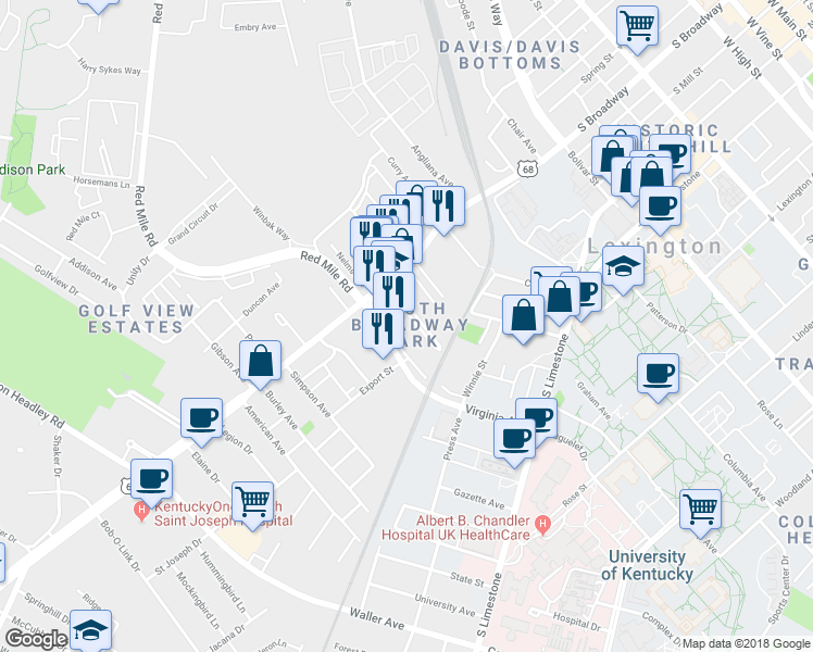 map of restaurants, bars, coffee shops, grocery stores, and more near 349 South Broadway Park in Lexington
