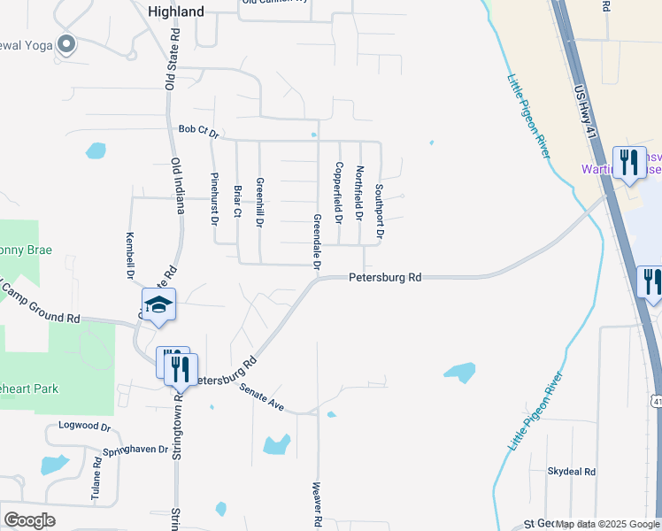map of restaurants, bars, coffee shops, grocery stores, and more near 601 Saint Clair Drive in Evansville