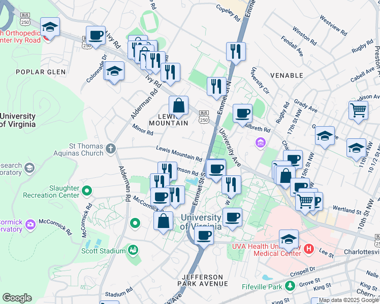map of restaurants, bars, coffee shops, grocery stores, and more near 1917 Lewis Mountain Road in Charlottesville