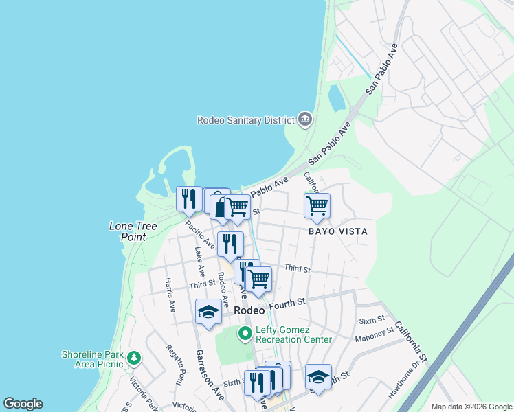 map of restaurants, bars, coffee shops, grocery stores, and more near 6 Railroad Avenue in Rodeo