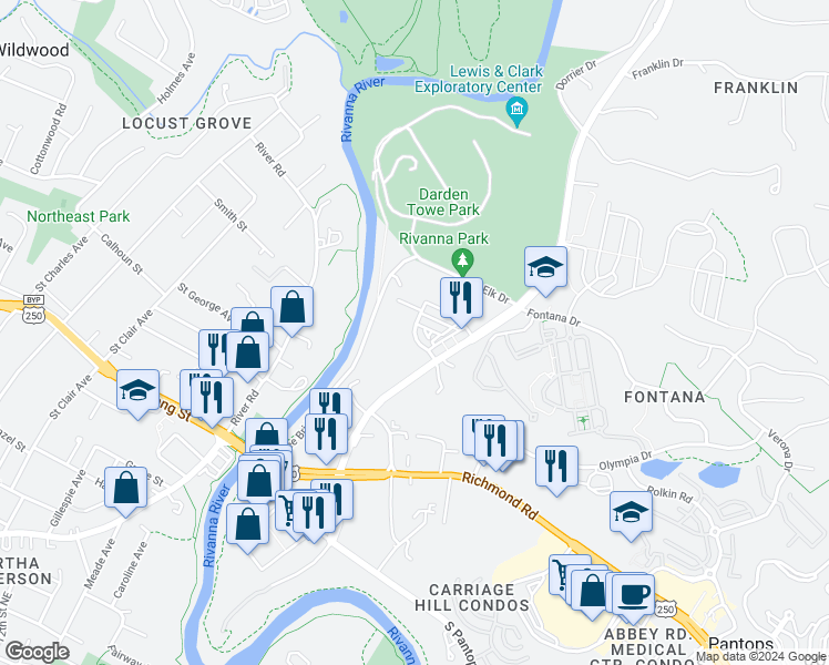 map of restaurants, bars, coffee shops, grocery stores, and more near Trailside Drive in Charlottesville