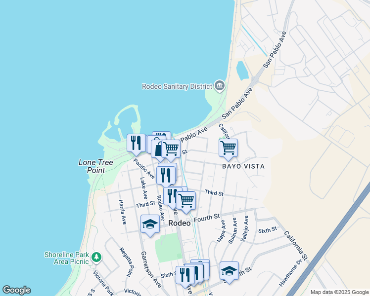 map of restaurants, bars, coffee shops, grocery stores, and more near 60 Railroad Avenue in Rodeo