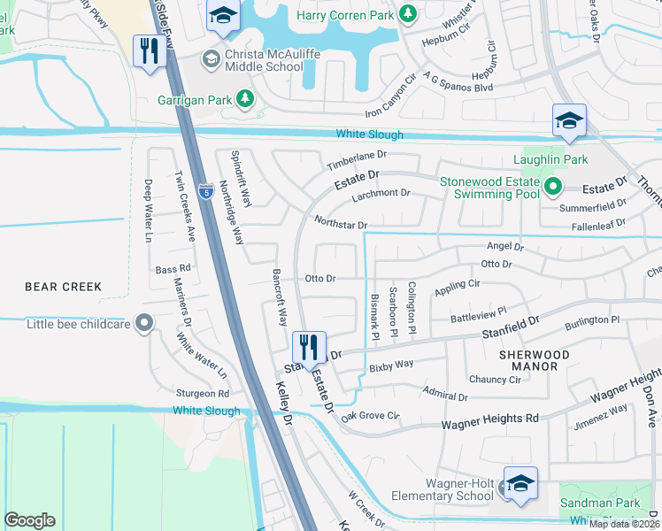 map of restaurants, bars, coffee shops, grocery stores, and more near 9620 Windham Court in Stockton