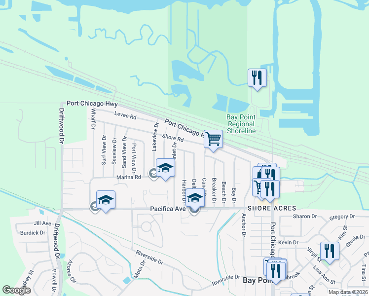 map of restaurants, bars, coffee shops, grocery stores, and more near 271 Shore Road in Bay Point