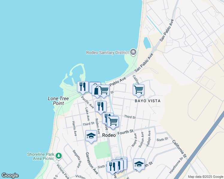 map of restaurants, bars, coffee shops, grocery stores, and more near 60 Railroad Avenue in Rodeo