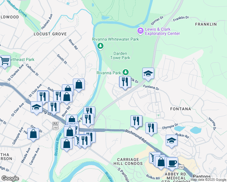 map of restaurants, bars, coffee shops, grocery stores, and more near 530 Trailside Drive in Charlottesville