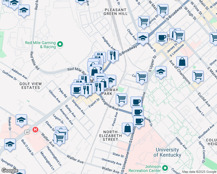 map of restaurants, bars, coffee shops, grocery stores, and more near 337 South Broadway Park in Lexington