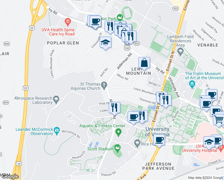map of restaurants, bars, coffee shops, grocery stores, and more near 2010 Lewis Mountain Road in Charlottesville