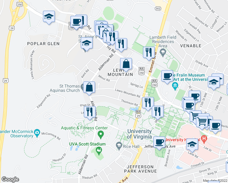 map of restaurants, bars, coffee shops, grocery stores, and more near 1946 Lewis Mountain Road in Charlottesville