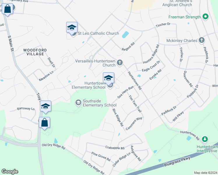 map of restaurants, bars, coffee shops, grocery stores, and more near 120 Woodburn Hall Road in Versailles