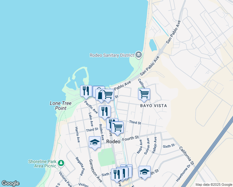 map of restaurants, bars, coffee shops, grocery stores, and more near 60 Railroad Avenue in Rodeo