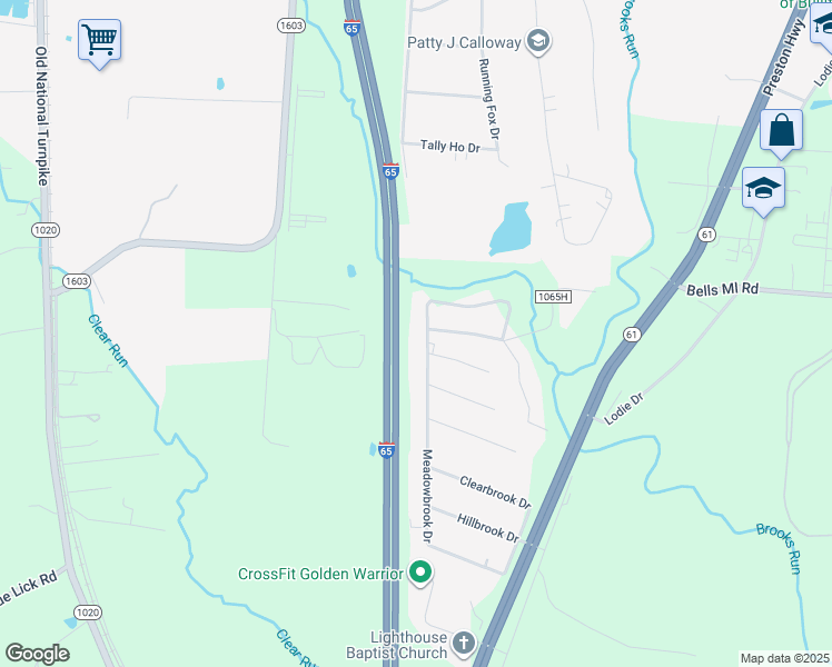 map of restaurants, bars, coffee shops, grocery stores, and more near 114 Meadowbrook Circle in Shepherdsville