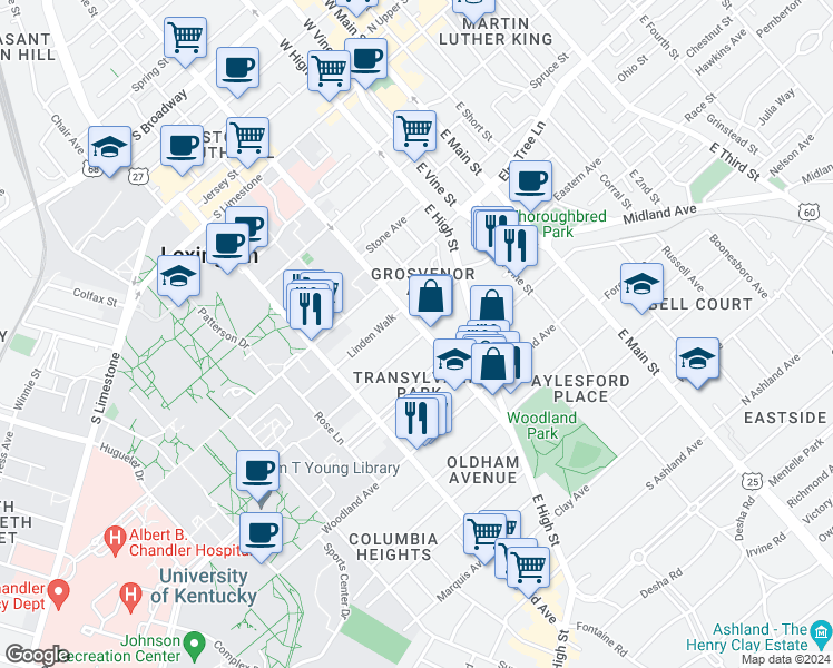 map of restaurants, bars, coffee shops, grocery stores, and more near 416 East Maxwell Street in Lexington
