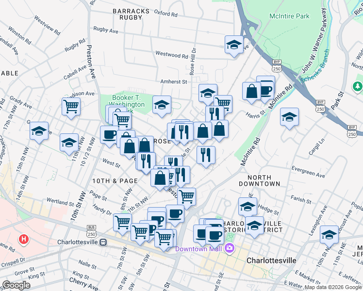 map of restaurants, bars, coffee shops, grocery stores, and more near 903 Albemarle Street in Charlottesville
