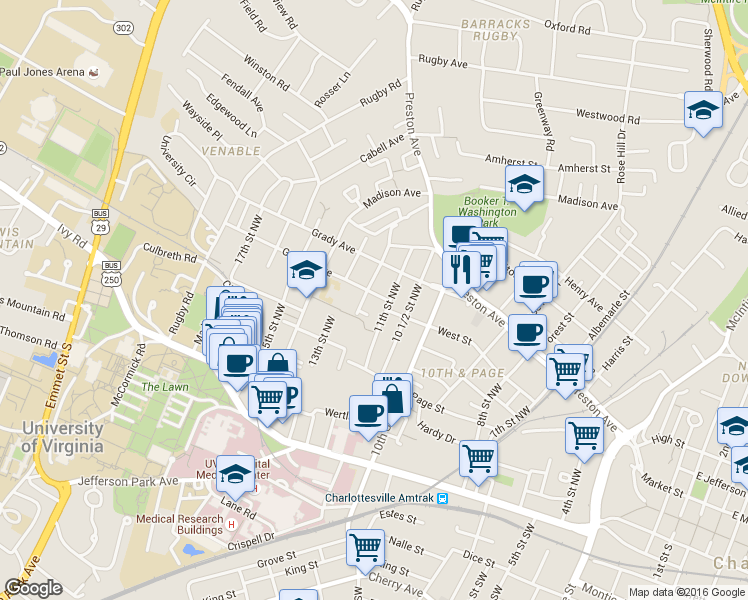 map of restaurants, bars, coffee shops, grocery stores, and more near 1200 Gordon Avenue in Charlottesville