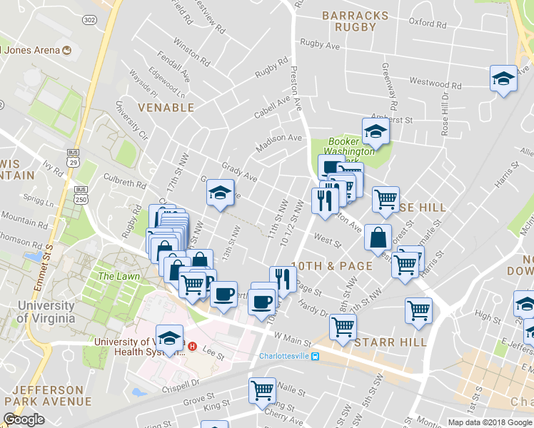 map of restaurants, bars, coffee shops, grocery stores, and more near 1200 Gordon Avenue in Charlottesville