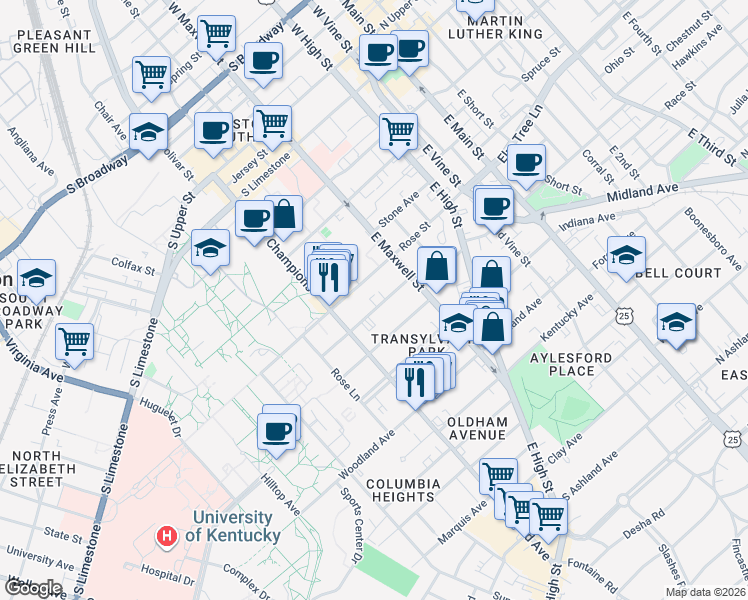 map of restaurants, bars, coffee shops, grocery stores, and more near 324 Rose Street in Lexington