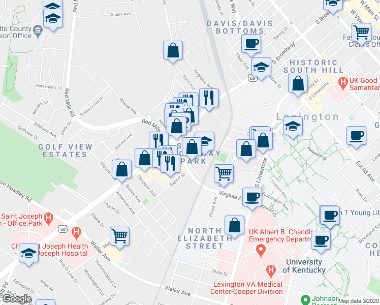 map of restaurants, bars, coffee shops, grocery stores, and more near 349 South Broadway Park in Lexington